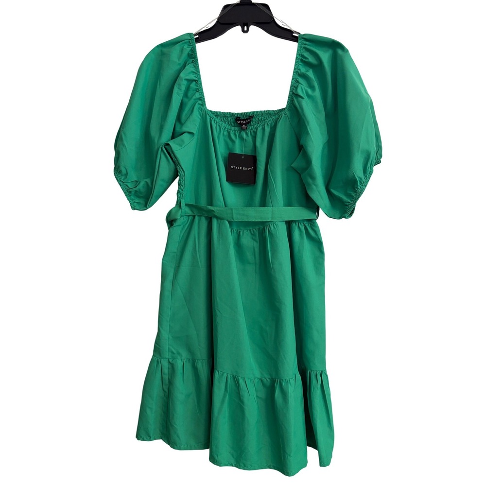 New Style Envy Kelly Green Puff Sleeve Smocked‎ Back Tiered Mini Dress XL